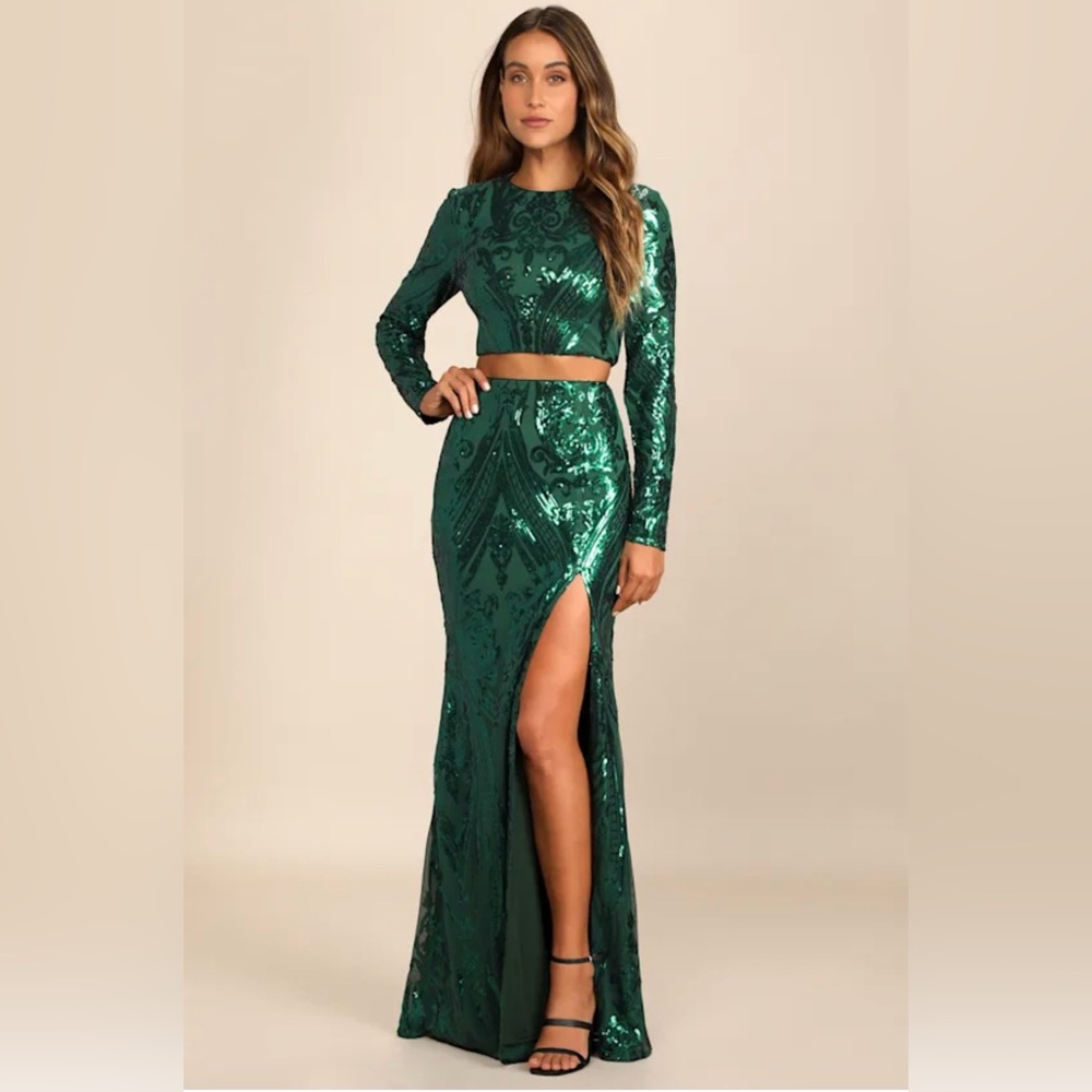 Lulu's Emerald Sequin Long Sleeve Two Piece Maxi Dress